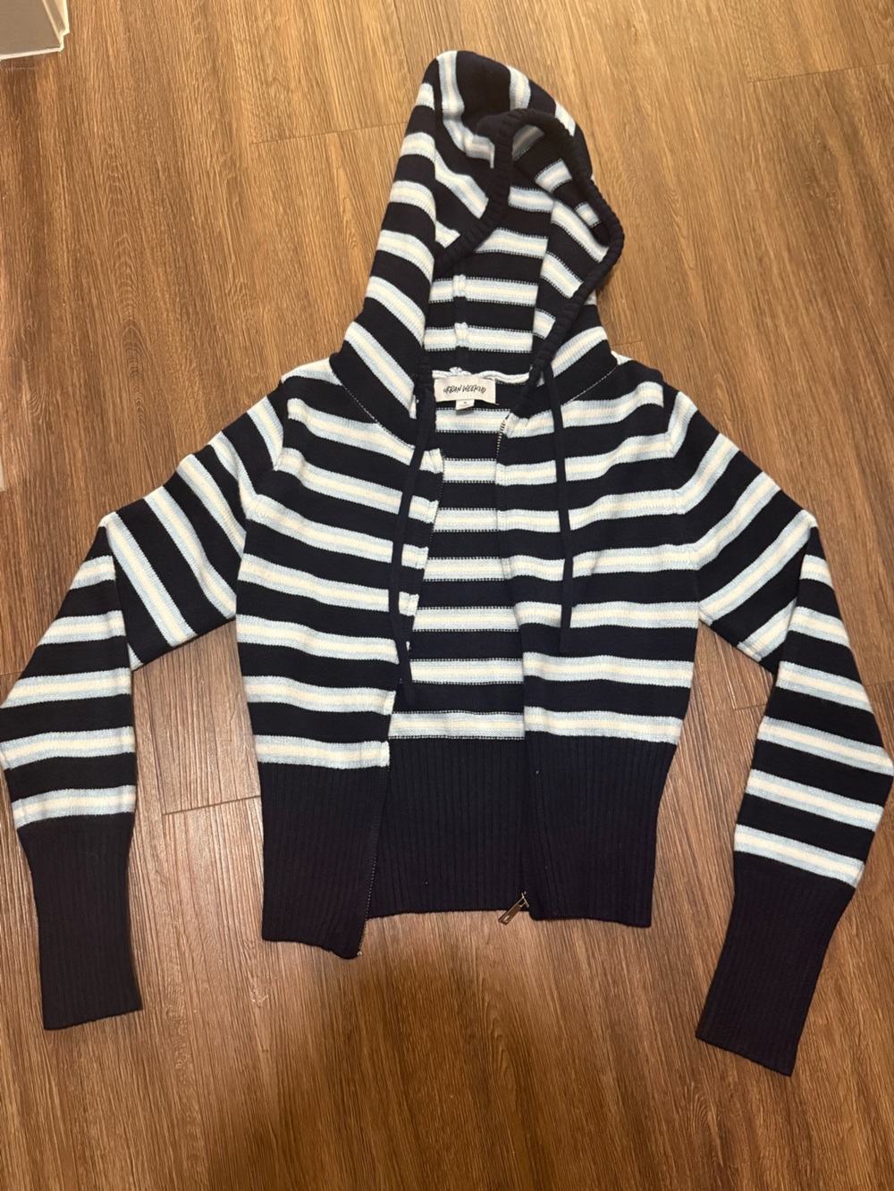 Striped Hooded Zip-Front Sweater - Navy & White size small